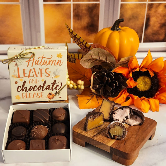 Indulge in our top-rated creams, caramels, and meltaways, expertly hand-packed in a decorative box. Customize your fall-themed cover and share the love with this delightful assortment.