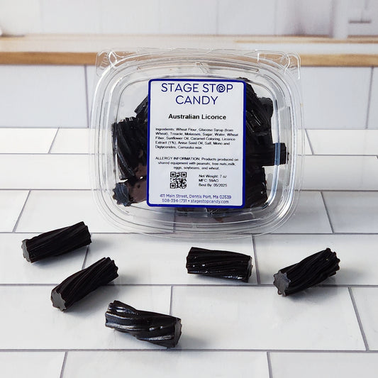 Savor the rich, authentic taste of our freshly packed Black Australian Licorice. This 7-ounce box offers the perfect chewy snack for licorice enthusiasts.