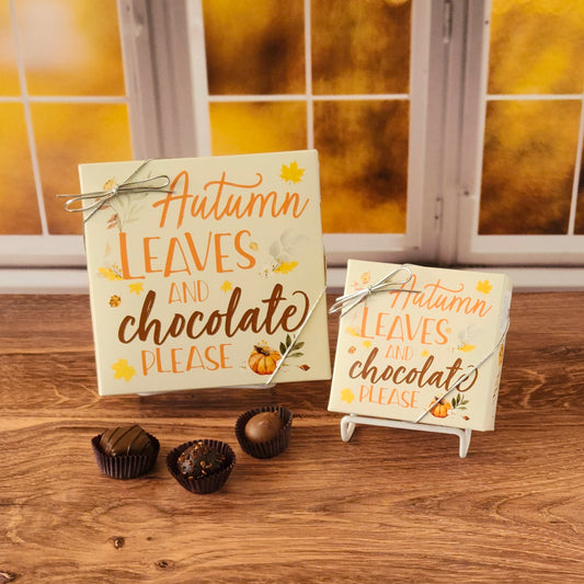 Autumn Leaves and Chocolate Please! This fun fall assortment is available in a 9-piece or 16-piece box, each box filled with rich milk and dark chocolates, crafted in small batches right here in our candy kitchen. Each bite is a surprise of flavor and texture, featuring silky creams, gooey caramels, melt-in-your-mouth meltaways, and decadent truffles that capture everything we love about fall.