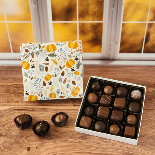 This Autumn Whimsy 16 Piece Assortment filled with some of our most beloved milk and dark chocolate treats. From smooth, silky creams to gooey caramels, dreamy melt-aways, and rich truffles that melt in your mouth.