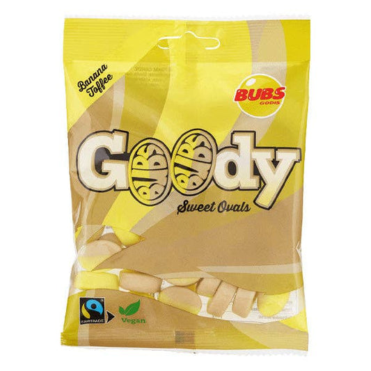 Packaging of BUBS Goody Sweet Ovals with yellow and brown design