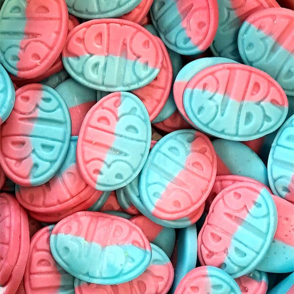 Stack of pink and blue gummies with 'Bubs' branding.