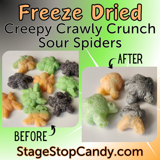 Creepy Crawly Crunch Sour Spiders. These creepy critters start as sour gummi spider candies and, through the magic of freeze-drying, are transformed into giant, crunchy spider treat. Packed in a convenient 1-ounce bag