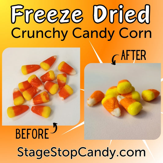 Freeze dried crunchy candy corn.
This unique candy is packed in a resealable 3-ounce bag to keep every piece fresh and crunchy.