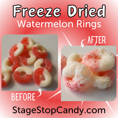 See the difference in our gummi watermelon rings. What starts out as a chewy gummy ring transforms into a crunchy crispy candy delight.