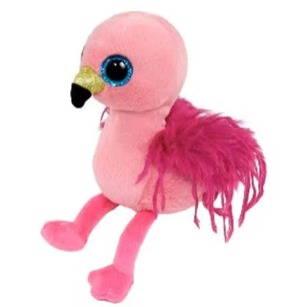 Frilly, a pink Ty Beanie Baby flamingo plush with sparkly blue eyes, hot pink feathery wings and hot pink feet