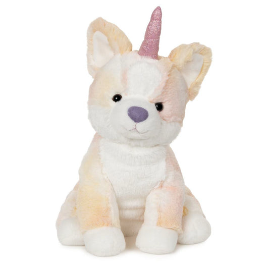 A whimsical mix of a corgi and unicorn mix. This corgicorn is ready for hugs. Made by Gund.