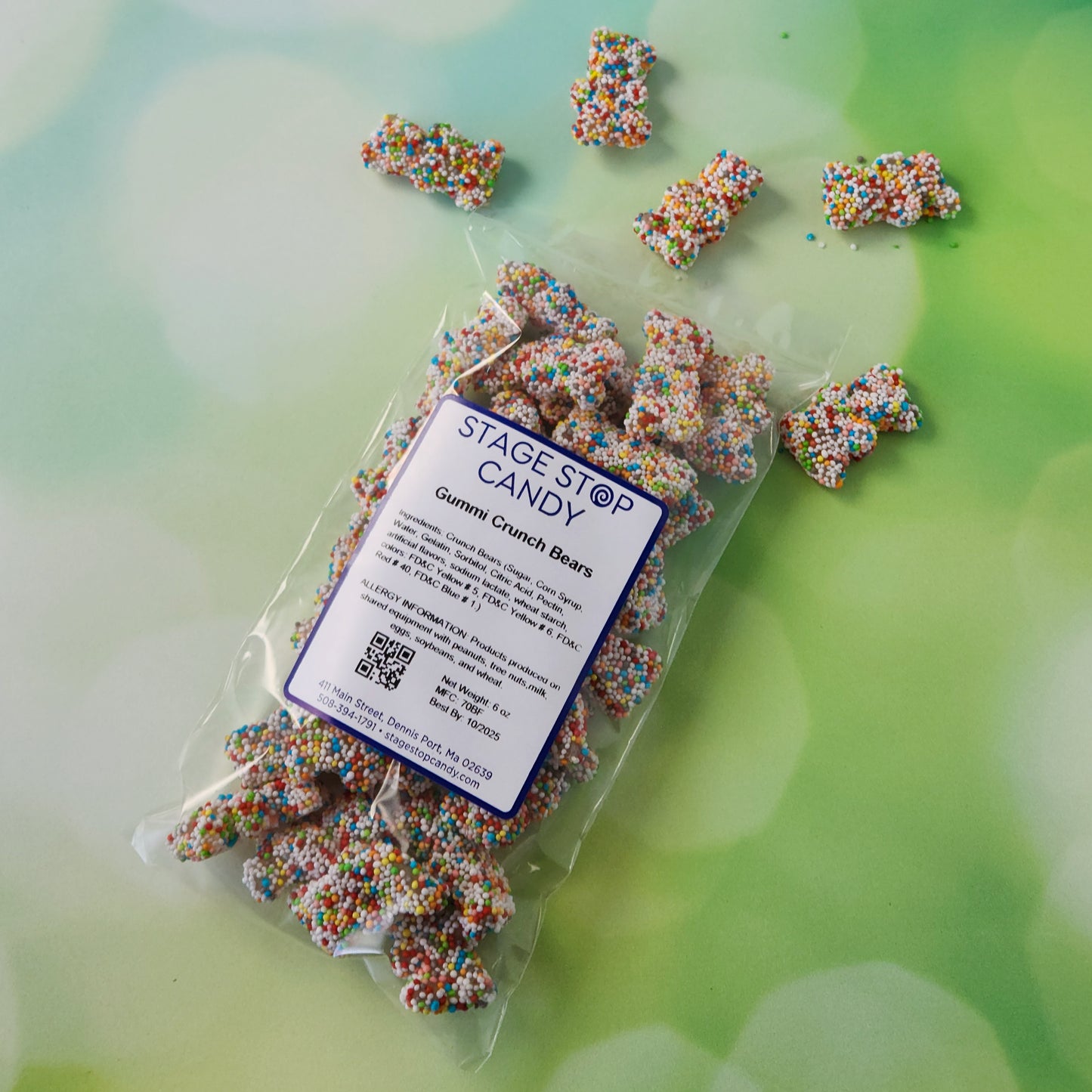 Who says candy can't be both fun and fancy? Our Gummi Crunch Bears are the perfect mix of soft and snappy, blending fruity, chewy gummy bears with a bright, crispy coating of rainbow nonpareil seeds. Each 5 oz. bag is packed with color, flavor, and just the right amount of crunch to keep your sweet tooth happy.