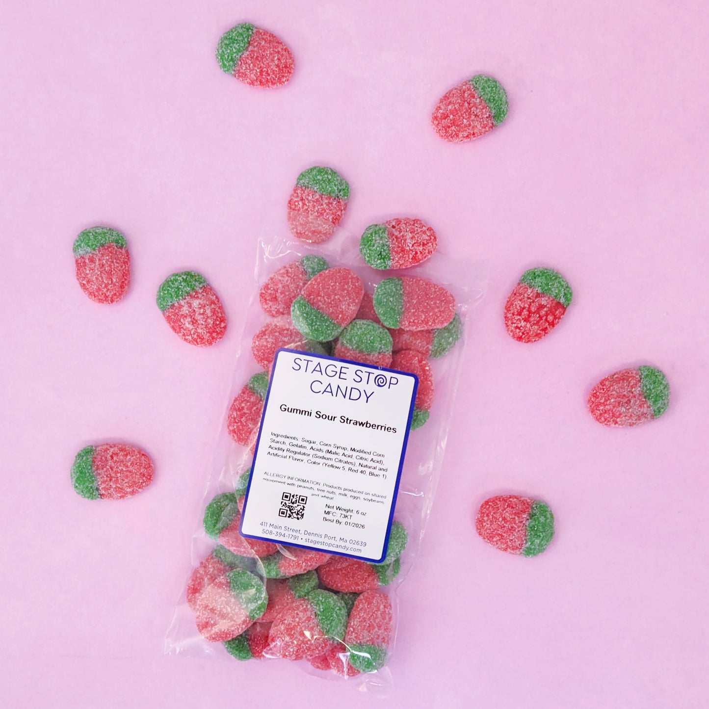 Sour Gummi Strawberries.
Available in 6oz bag
