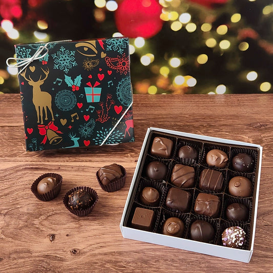 16 piece chocolate assortment in cheerful holiday themed box. Filled with a variety of creams, caramels, melt-aways and truffles.