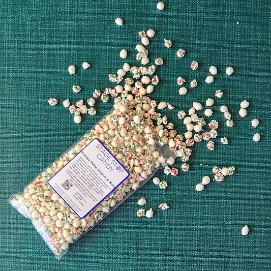 Smooth and Melty candies are the perfect minty treat.
White chocolate drops infused with mint flavor melt in your mouth.
Available in a large drop or petite drop size and all are packed in an 8 ounce bag.