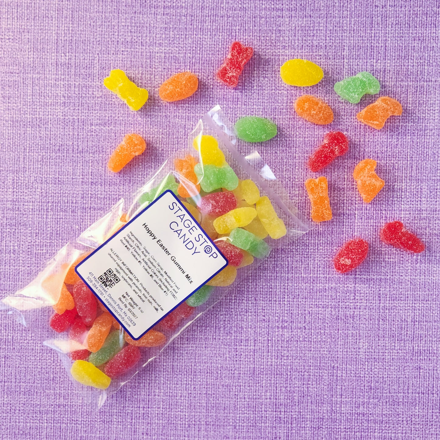 Hoppy Easter Gummi Mix. This colorful and chewy assortment is packed with festive gummi eggs, carrots, and bunnies! Each 6-ounce bag is bursting with bright spring flavors, including Orange, Cherry, Lemon, and Lime, making it the perfect addition to Easter baskets, candy dishes, or springtime snacking