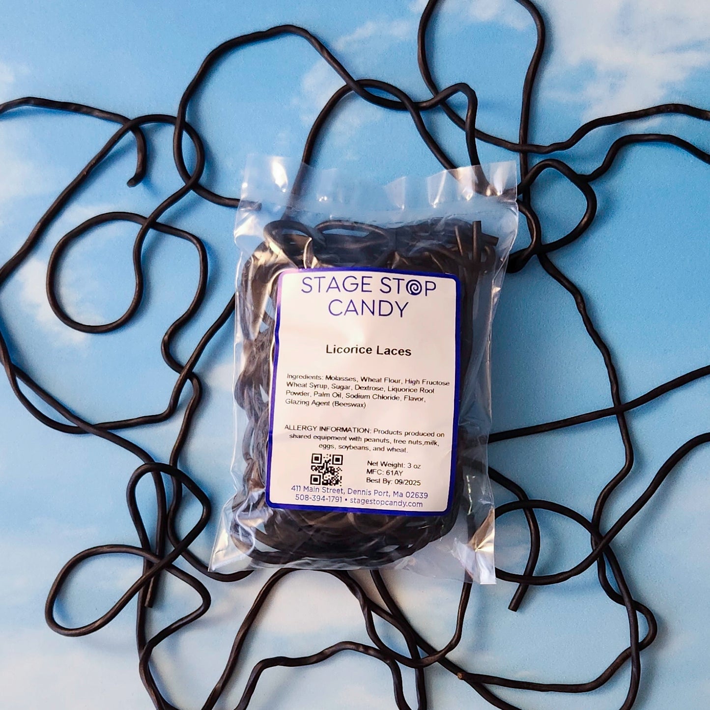 Black Licorice laces packed fresh in a 3 ounce bag.