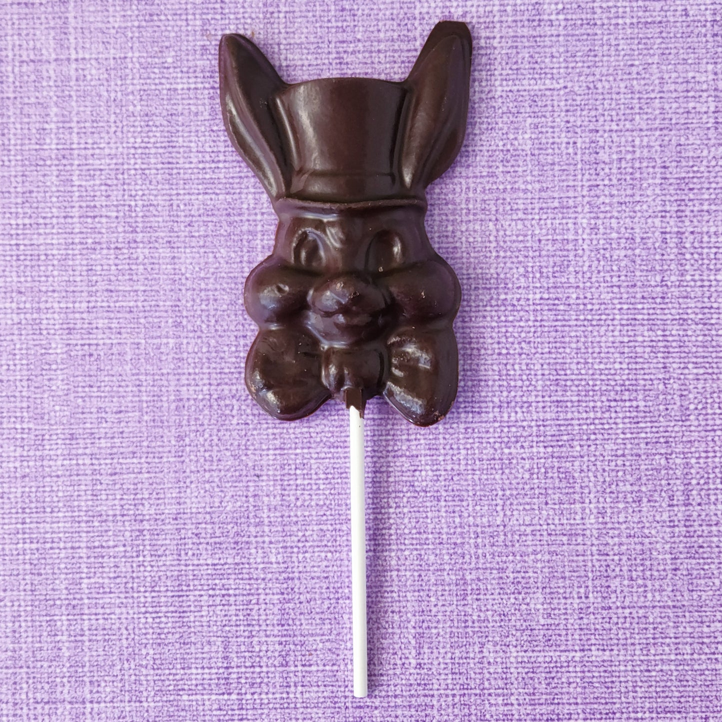 Dark chocolate Mad Hatter bunny lollipop