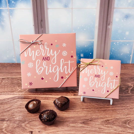 Merry and Bright Holiday Chocolate Assortment. This decorative box is filled with some of our most beloved milk and dark chocolates. From smooth, silky creams to gooey caramels, dreamy melt-aways, and rich truffles that melt in your mouth. Available in 9 or 16 pieces.