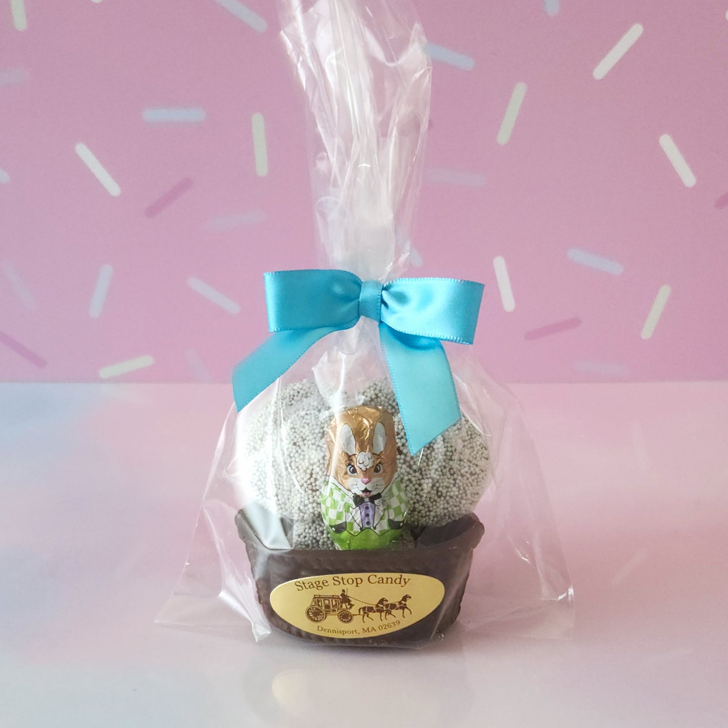 Dark Chocolate basket filled with nonpareils and foiled chocolate bunny
