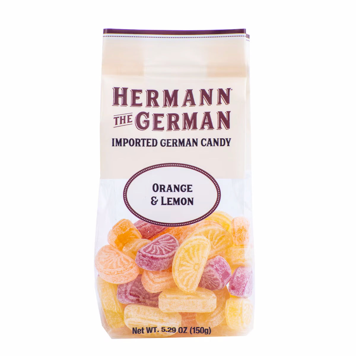 Herman the German orange and lemon hard candy. Crafted in Germany using traditional candy-making techniques, this delightful mix delivers the sweet, juicy flavor of oranges paired with the zesty, tangy taste of lemons. Each smooth, slow-melting piece is packed with bold citrus goodness, striking the perfect balance between sweet and tart.