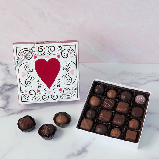 Celebrate love (or your love of chocolate!) with our dreamy Valentine’s Day Chocolate Assortment. Whether you go for the 9-piece or 16-piece box, every bite offers a delightful surprise - from soft, melt-in-your-mouth creams to rich truffles, gooey caramels, and silky meltaways.
Comes in a festive Valentine’s Day box with hearts - perfect for gifting.