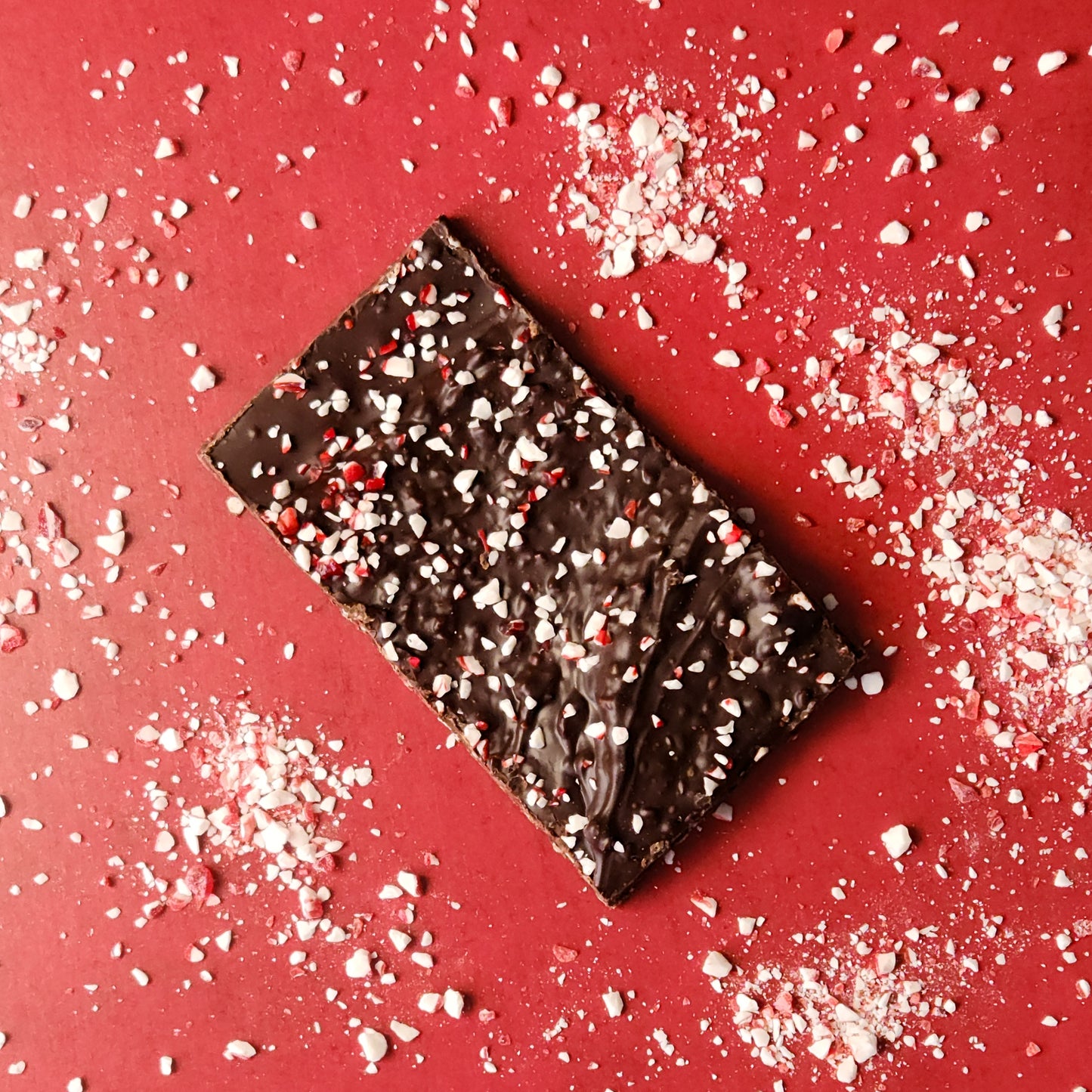 A single piece of Dark Chocolate Peppermint Bark. Perfect for a minty snack!