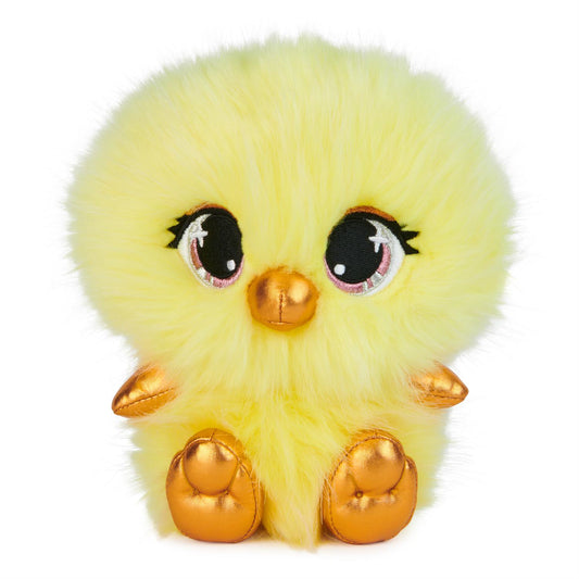 This fluffy chicken is ready for cuddles. This stuffed animal is part of the Gund P. Lushes collection.