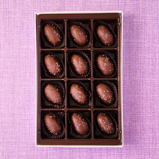 Milk Chocolate Sea Salt Caramel Mini Eggs. 12 count box.