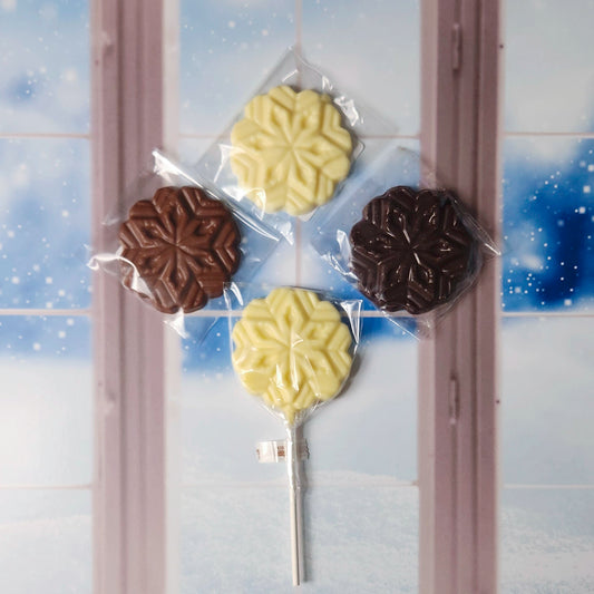 chocolate snowflake lollipops and favors. Available in Milk, Dark or white chocolate