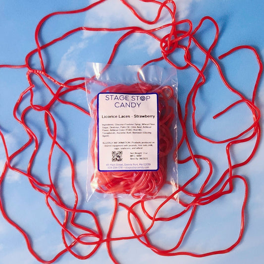 Red Strawberry Licorice laces packed fresh in a 3 ounce bag.