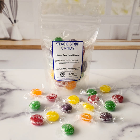 Sugar Free Fruit Flavored Hard Candy Buttons. Available in Lemon, Orange, Grape, Cherry and Lime.