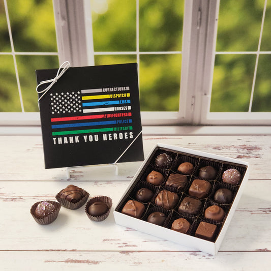 Show your appreciation in the most delicious way with our Thank You Heroes Chocolate Assortment. This thoughtfully designed box features a flag and the words “Thank You Heroes” to honor the dedication of Correction Officers, Dispatchers, EMS, Nurses, Firefighters, Police Officers, and Military personnel. Inside, you’ll discover a delightful selection of our most popular milk and dark chocolates, available in 9-piece or 16-piece options