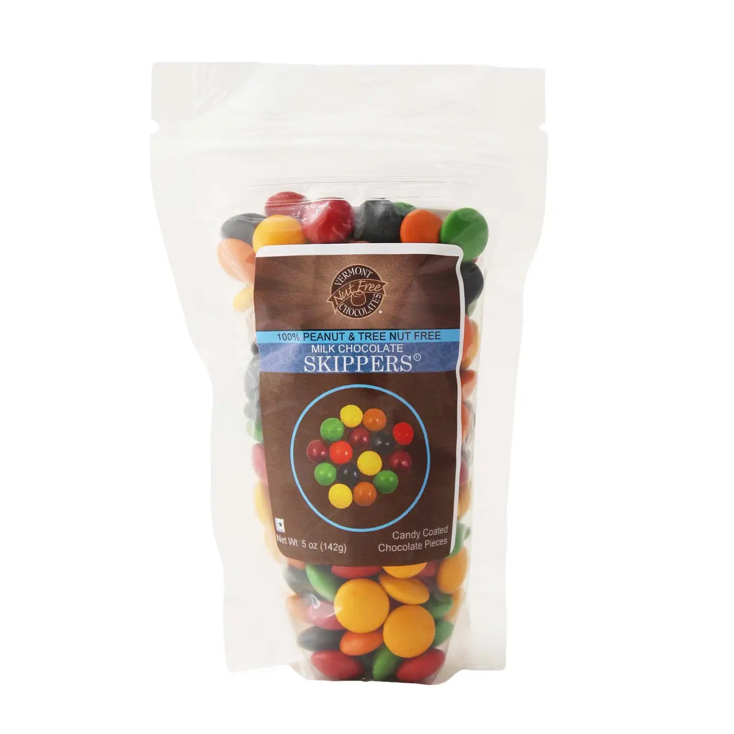 Vermont Nut Free Milk Chocolate Skippers in a 5 ounce bag.