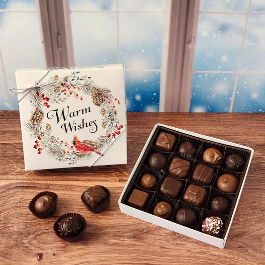 16 Piece Warm Wishes Cardinal Chocolate Assortment. Inside this festive box is a handpicked selection of our most popular milk and dark chocolates. You’ll discover a variety of gooey caramels, rich truffles, creamy centers, and smooth melt-aways