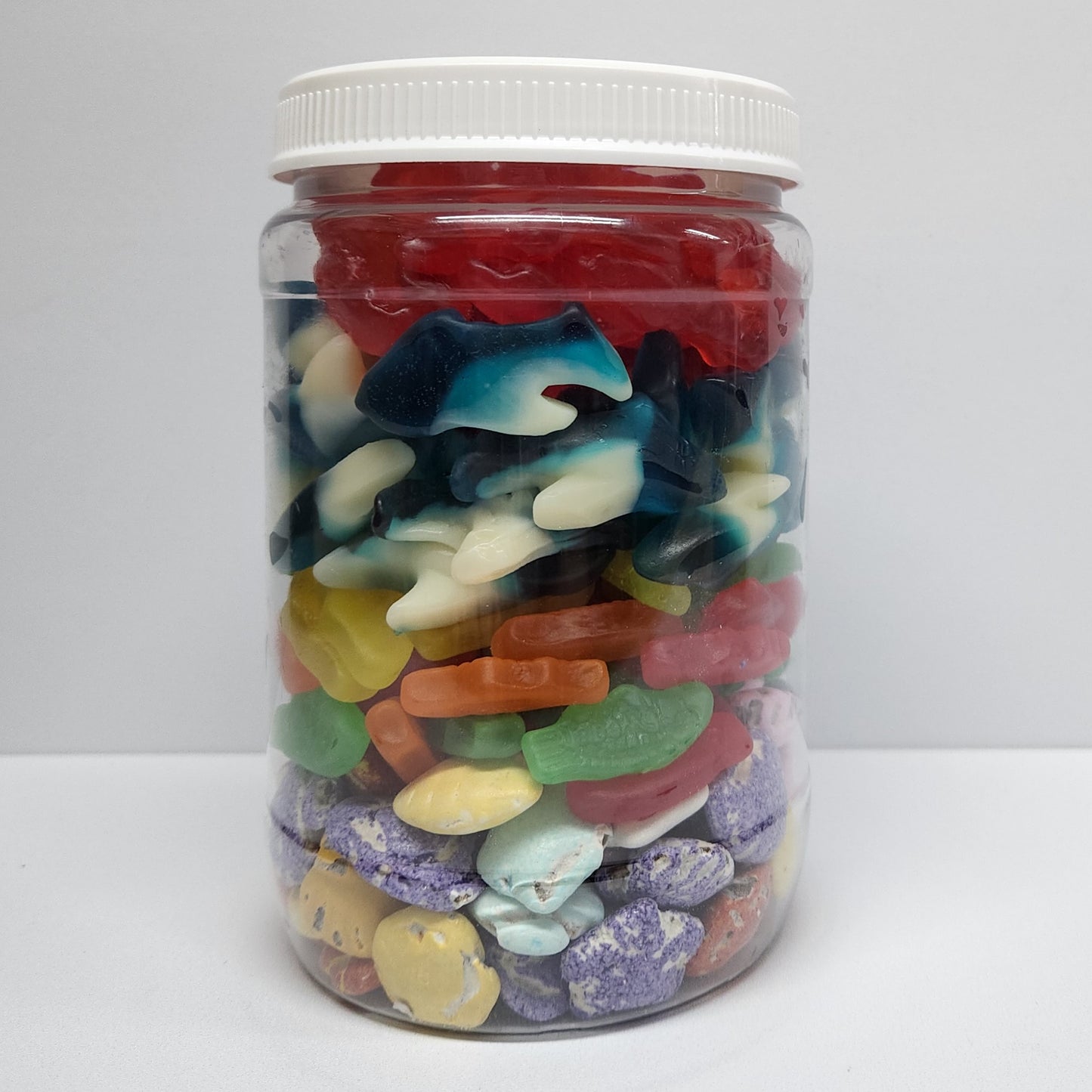 Gummy Lobsters, Gummy Sharks, Gummy Fish and milk chocolate candy coated sea shells