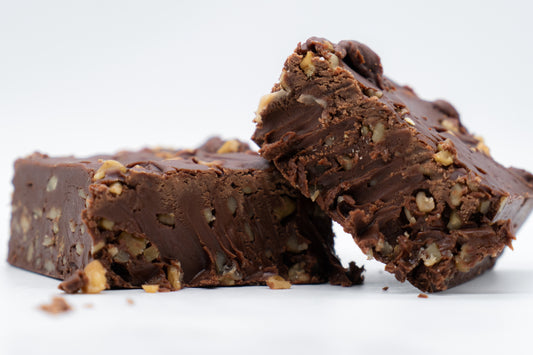 Closeup photos of Chocolate Walnut Fudge made in small batches at Stage Stop Candy in Dennis, MA on Cape Cod.