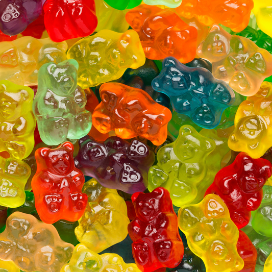 Closeup of 12 Flavors of Gummy Bears