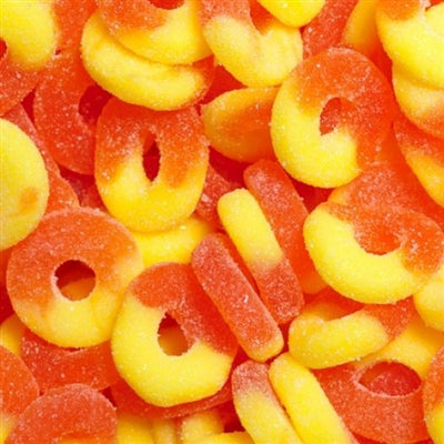 Gummy Peach rings candy. This Gummies are packed full of fruity flavor.