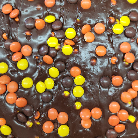 Reeces Pieces Fudge closeup made by Stage Stop Candy in Dennis, MA on Cape Cod