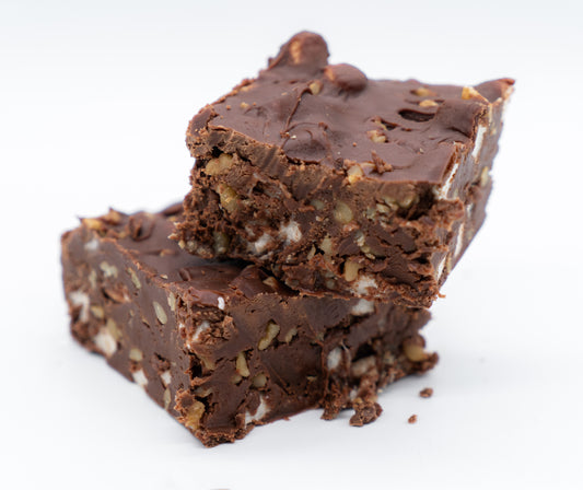 Closeup squares of Rocky Road Fudge made in small batches from Stage Stop Candy.