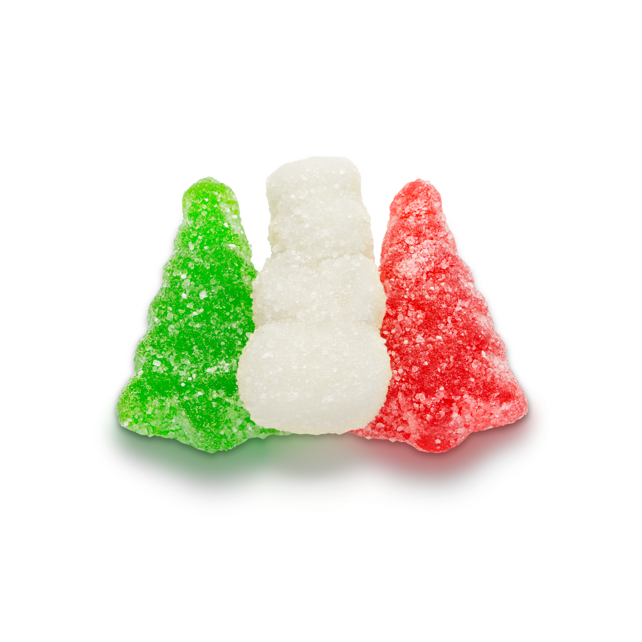 Festive green tree, white snowman and red tree gummies dusted with sugar