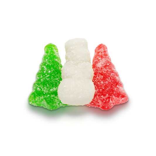 Festive green tree, white snowman and red tree gummies dusted with sugar