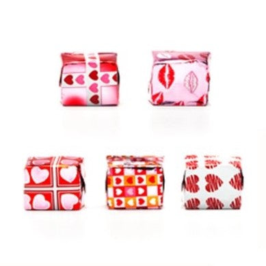 Solid milk chocolate "presents" foiled in Valentine's Day theme wrapping