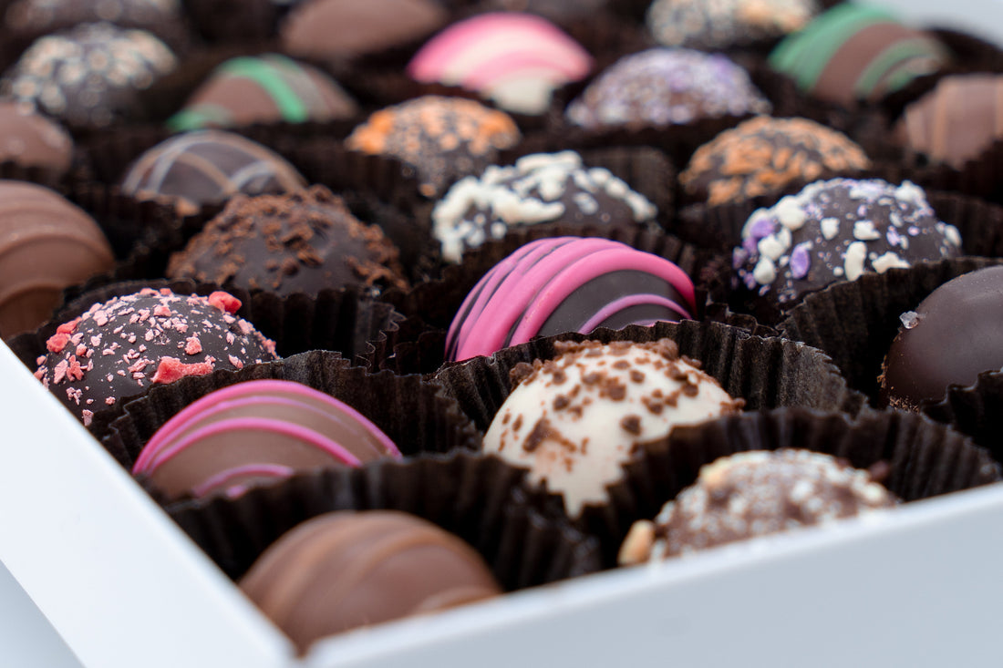 Trays of handcrafted chocolate truffles from Stage Stop Candy