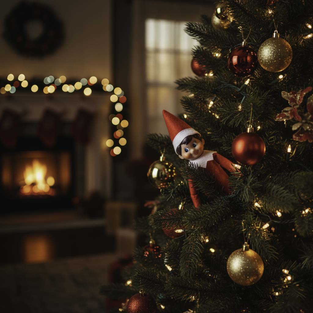 Elf on the Shelf hiding in a decorated Christmas tree with glowing fireplace