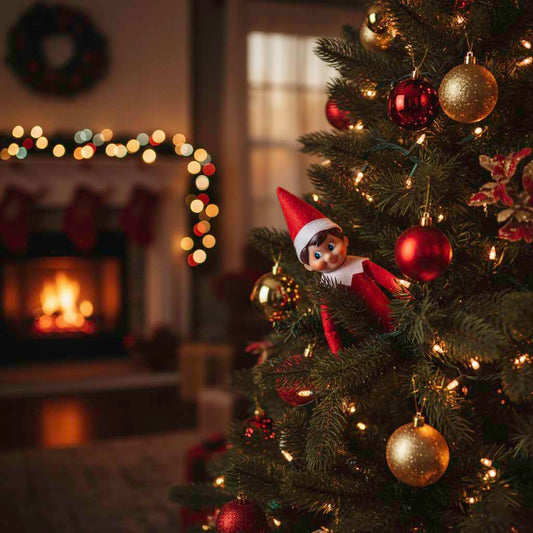 Elf on the Shelf hiding in a decorated Christmas tree with glowing fireplace