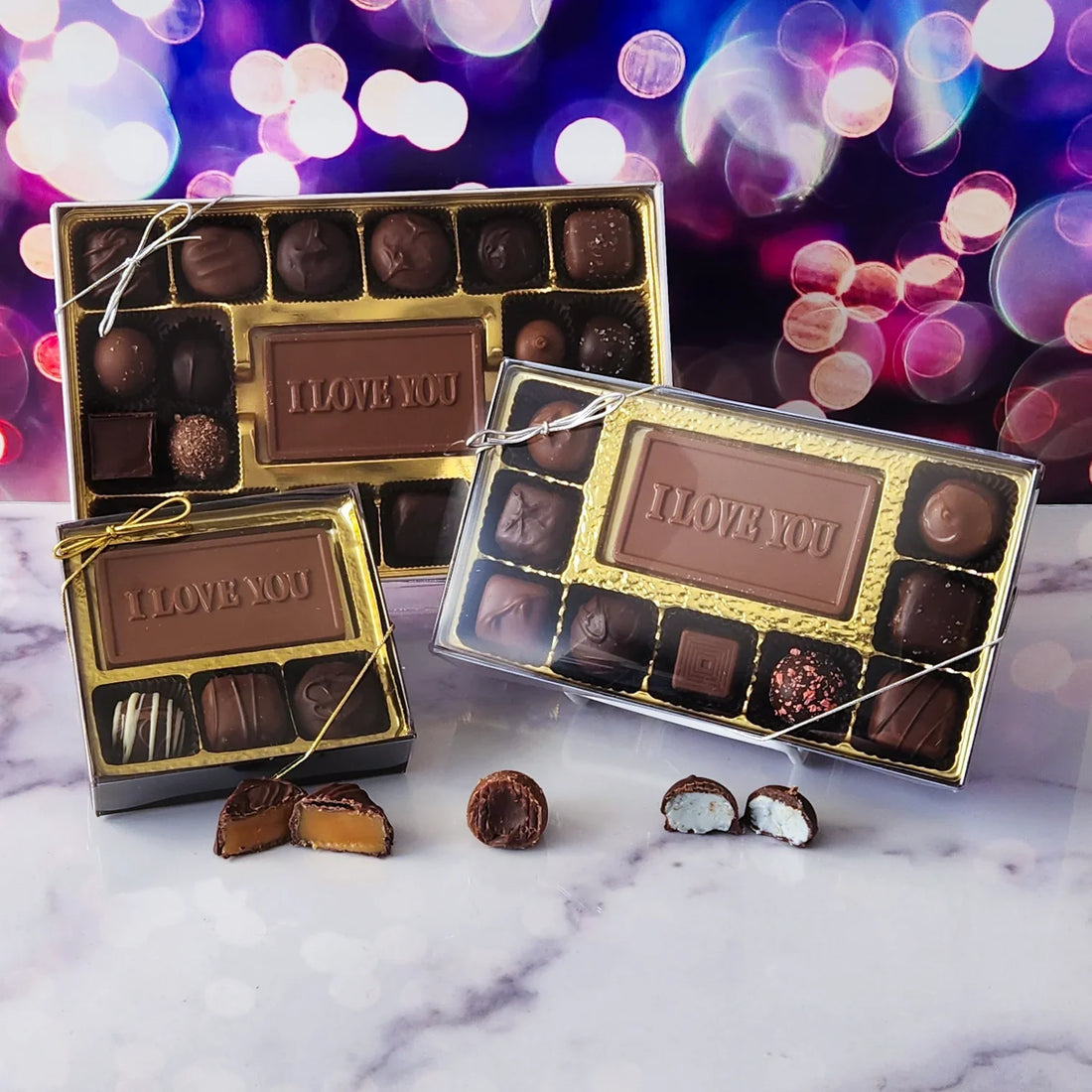 Sweet Sentiment handcrafted chocolate gift box with I Love You card by Stage Stop Candy