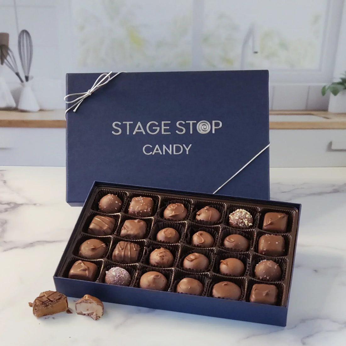 Stage Stop Candy milk chocolate assortment box open with truffles and caramels