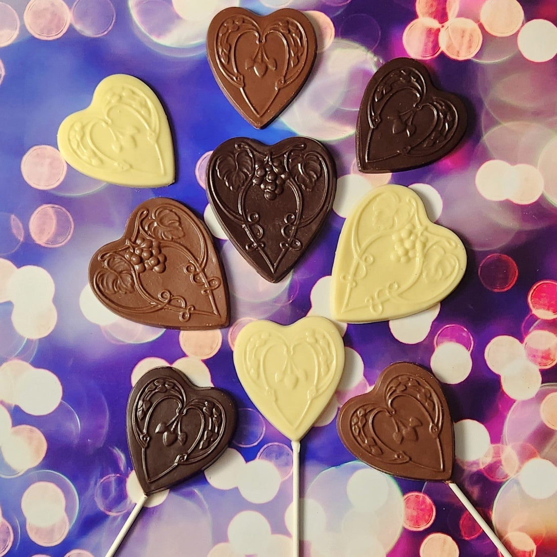 Handcrafted heart-shaped milk dark and white chocolates from Stage Stop Candy Cape Cod