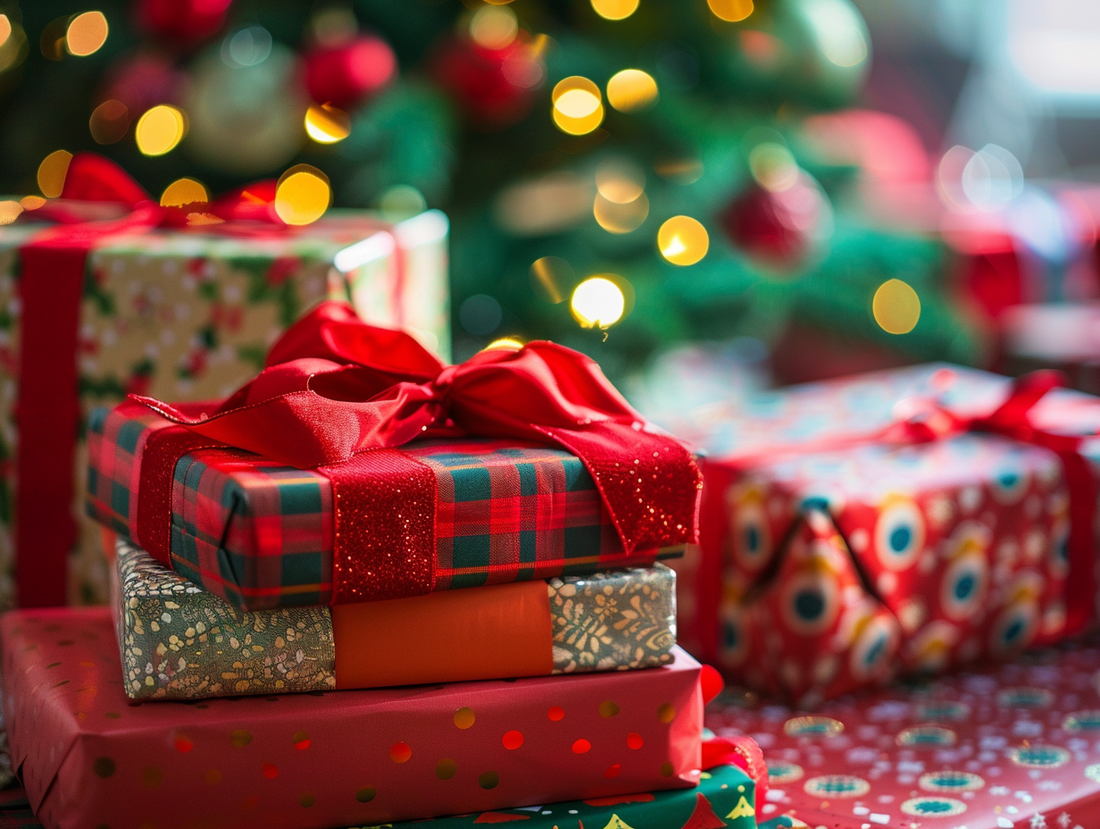 Colorfully wrapped holiday gifts with a Christmas tree in the background.