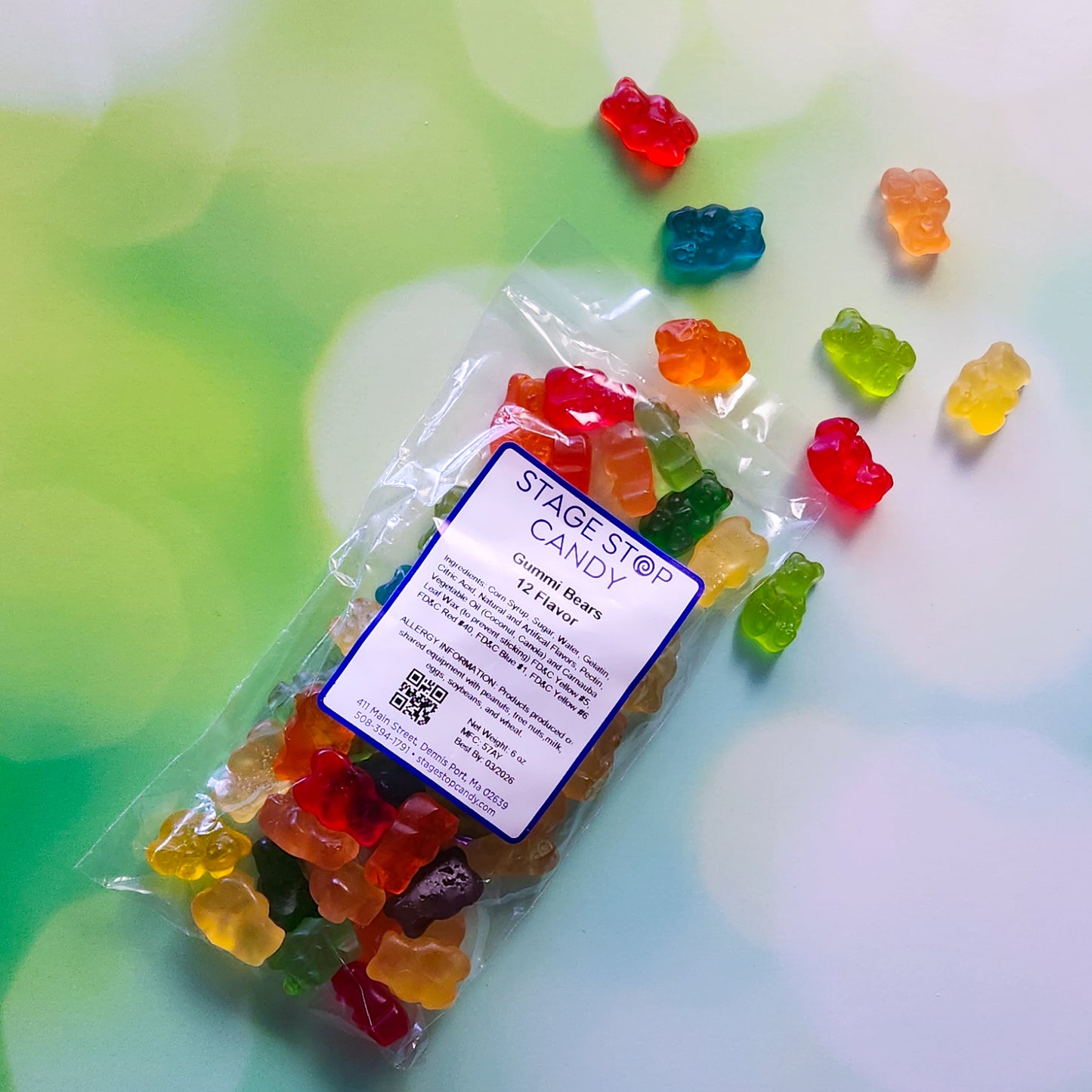 Enjoy a 6-ounce bag of our 12 Flavor Gummi Bears, featuring a delicious mix of Cherry, Pink Grapefruit, Watermelon, and more. Perfect for snacking, these chewy treats offer a burst of fruity flavors in every bite.