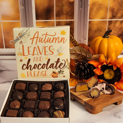 Personalize your 16 piece assortment gift with a decorative fall cover, making it a heartfelt way to show your care and appreciation with our  finest handcrafted chocolate creams, caramels, and meltaways.
