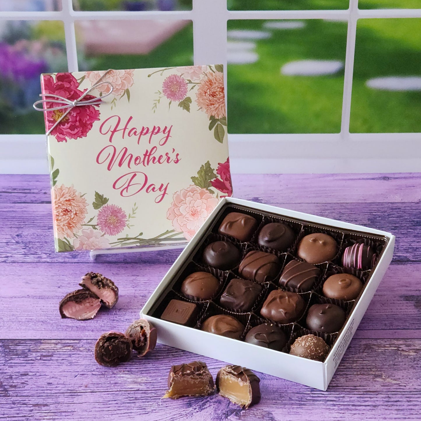 A decorative box of chocolates that wishes Mom a Happy Mother's Day. Filled with both Milk and Dark Chocolate creams, caramels, meltaways, and truffles. Handcrafted on Cape Cod.